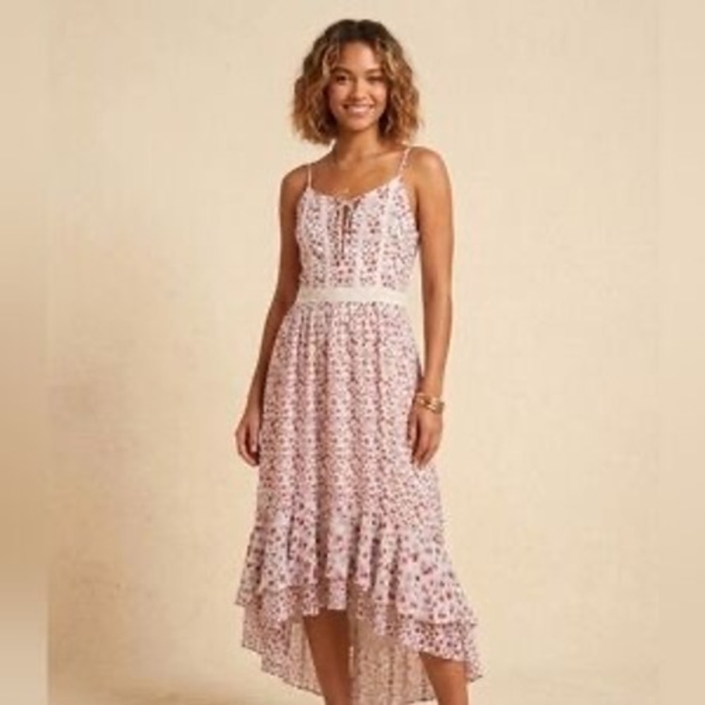 Jayne Floral High Low Maxi Dress boho‎ cottagecore Lace Trim Rayon Womens Large